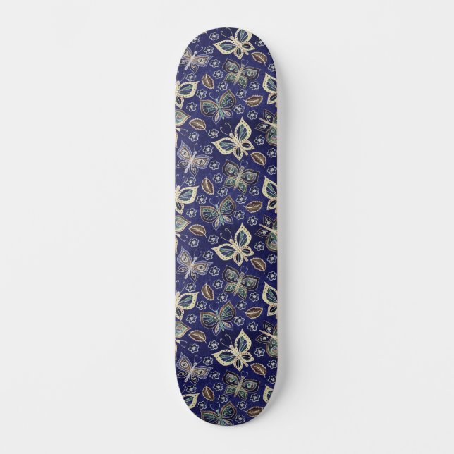Skateboard Patrón de mariposa azul retro giratorio ancho (Anverso)