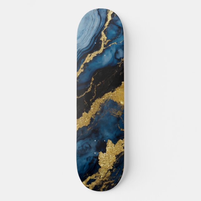 Skateboard Patrón de mármol azul con oro (Anverso)