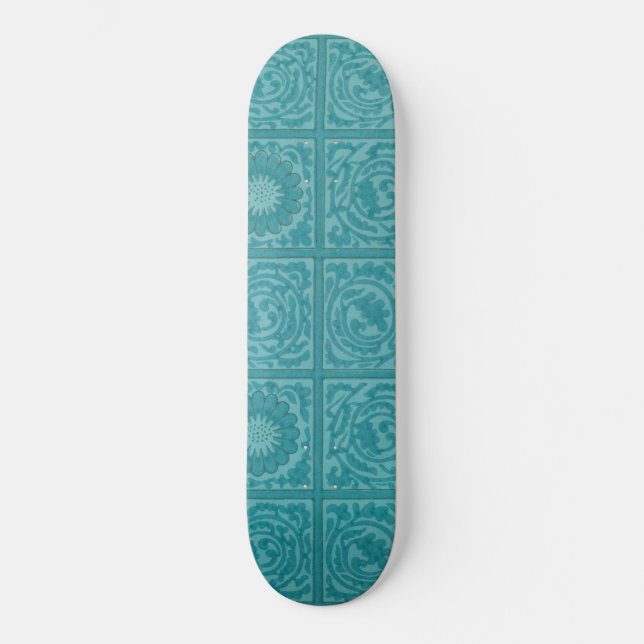 Skateboard Patrón de mosaico verde azulado (por William Morri (Anverso)