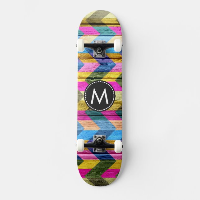 Skateboard Patrón de rayas de chevron de madera pintada #6 (Anverso)