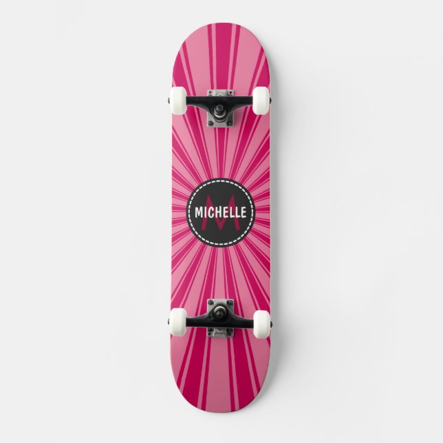 Skateboard Patrón de Rayos de Sol Funky Rosa Monograma (Anverso)
