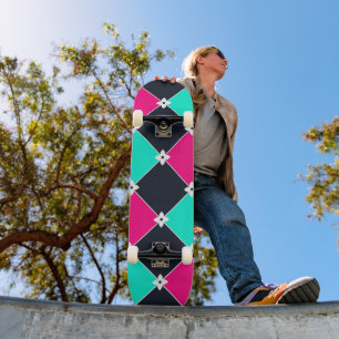 Skateboard Patrón de synthwave ciberpunk fucsia turquesa