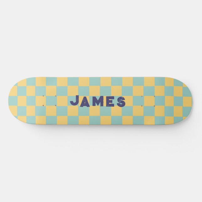 Skateboard patrón de tablero de ajedrez azul retro (Horz)