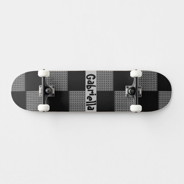 Skateboard Patrón de tablero de ajedrez gris negro personaliz (Horz)