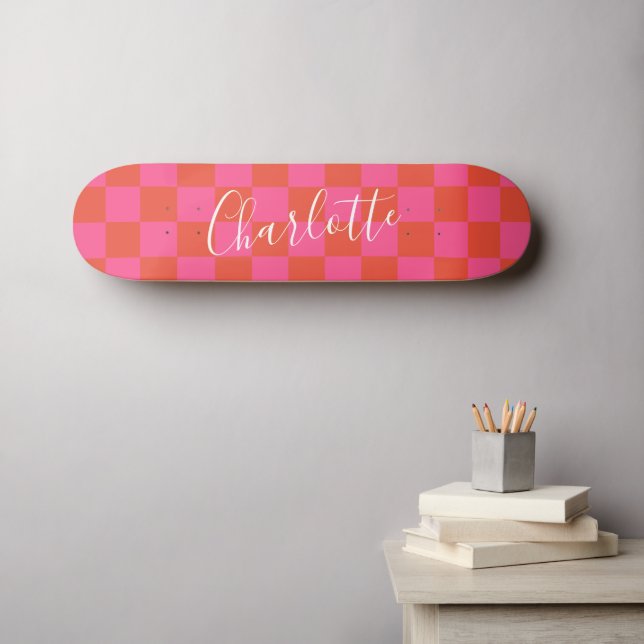 Skateboard Patrón de tablero de Naranja y rosado personalizad (Arte de pared (horz))
