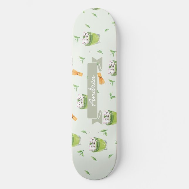 Skateboard Patrón de té verde de espuma de gato Matcha (Anverso)