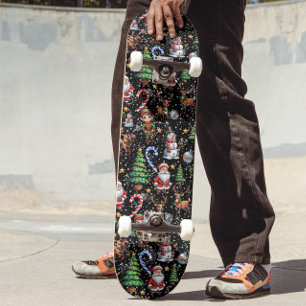 Skateboard Patrón decorativo de Navidad con fondo negro