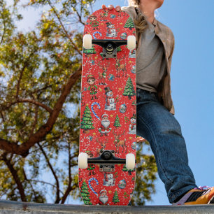 Skateboard Patrón decorativo de Navidad con fondo rojo
