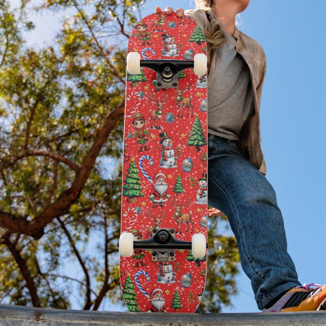 Skateboard Patrón decorativo de Navidad con fondo rojo (Subido por el creador)