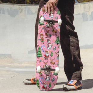 Skateboard Patrón decorativo de Navidad con fondo rosa