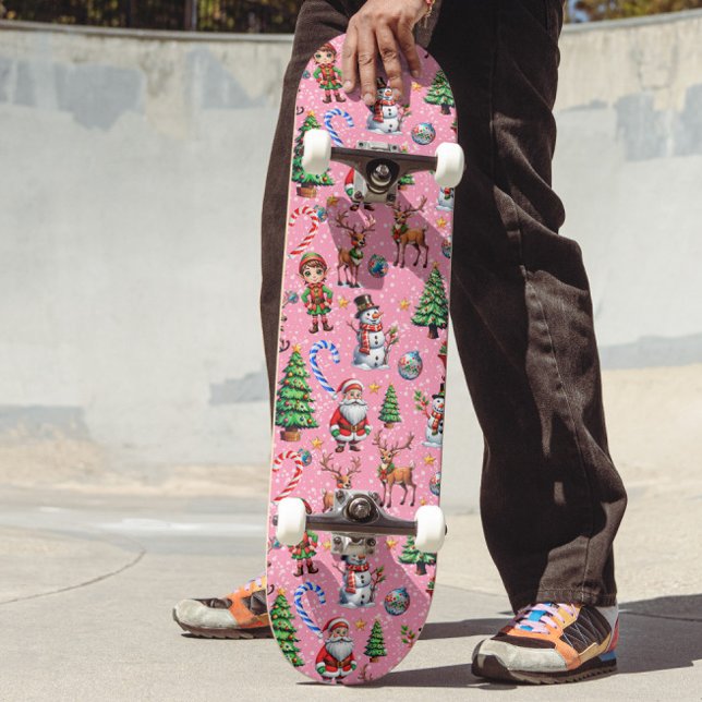 Skateboard Patrón decorativo de Navidad con fondo rosa (Subido por el creador)