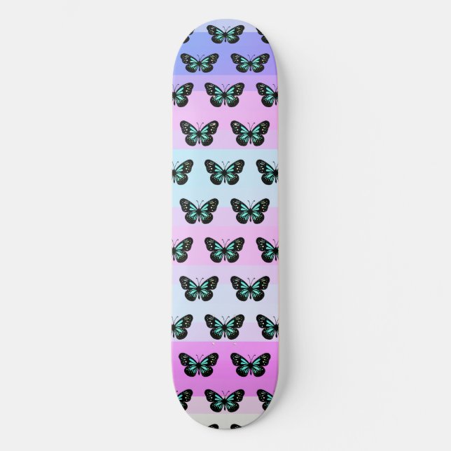 Skateboard Patrón elegante de mariposa azul y negro (Anverso)