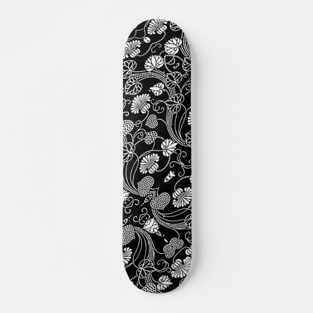 Skateboard Patrón floral antiguo negro sobre blanco (Anverso )