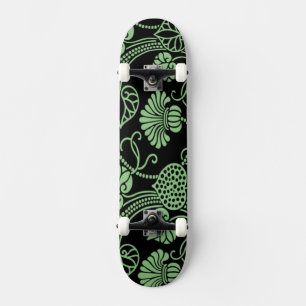 Skateboard Patrón floral antiguo negro y verde