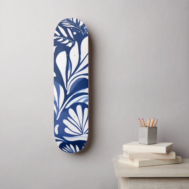 Skateboard Patrón floral azul de acuarela botánica (Arte de la pared)