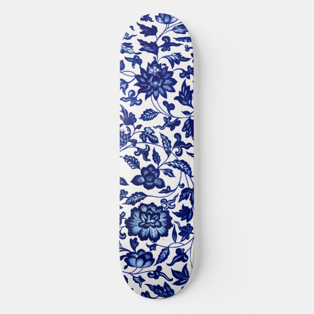 Skateboard Patrón floral azul marino oscuro chino sobre blanc (Anverso)