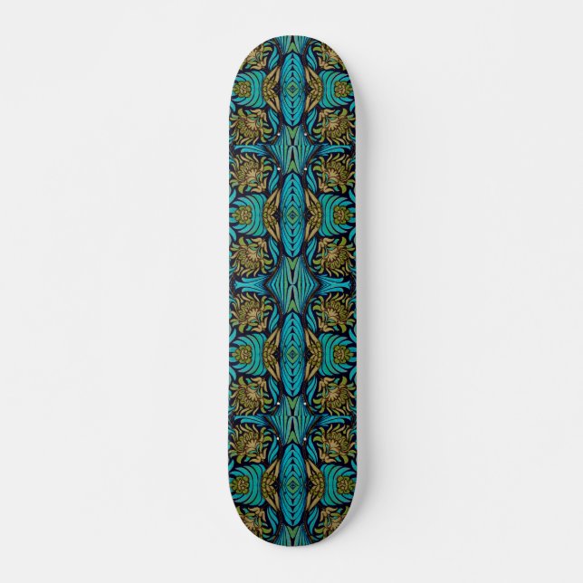 Skateboard Patrón floral azul turquesa Art Nouveau (Anverso )