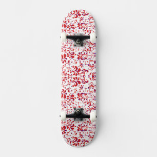 Skateboard Patrón floral blanco y rojo