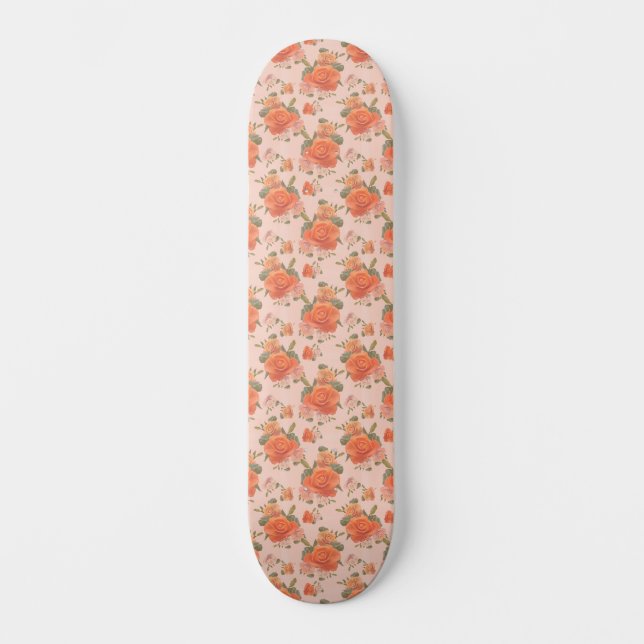 Skateboard patrón floral de boda de primavera rosa naranja (Anverso)