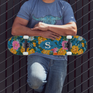 Skateboard Patrón floral de color vintage rústico en azul (2)