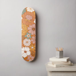Skateboard Patrón floral de estilo retro naranja Hippie Boho