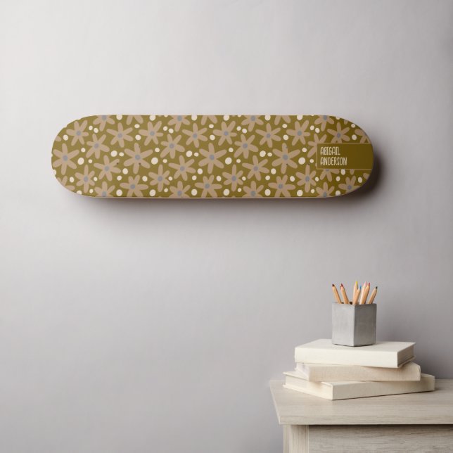 Skateboard Patrón floral de margaritas marrones abstractas (Arte de pared (horz))
