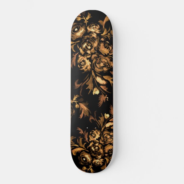Skateboard Patrón floral de oro para Rosas negros (Anverso)