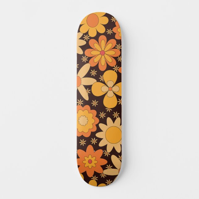 Skateboard Patrón floral de Retro Groovy Amarillo y Naranja (Anverso)