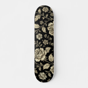 Skateboard Patrón floral de rosa dorada vintage sobre negro