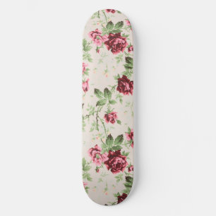 Skateboard Patrón floral de rosas rojas y rosadas vintage y b