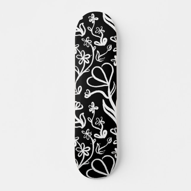 Skateboard Patrón floral en blanco sobre negro (Anverso )