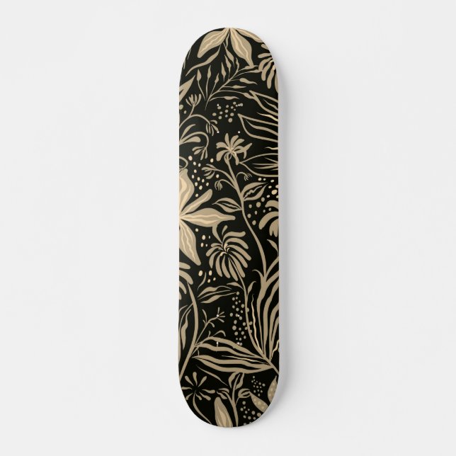 Skateboard Patrón floral perezoso en oro sobre negro  (Anverso )