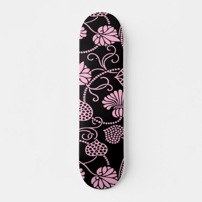 Skateboard Patrón floral retro rosado en negro (Anverso )