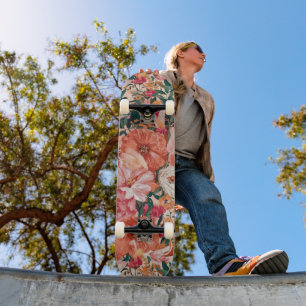 Skateboard Patrón floral rosado naranja