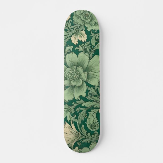 Skateboard Patrón floral vintage verde sabio (Anverso )