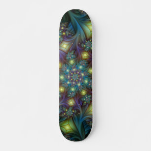 Skateboard Patrón fractal azul violeta iluminado