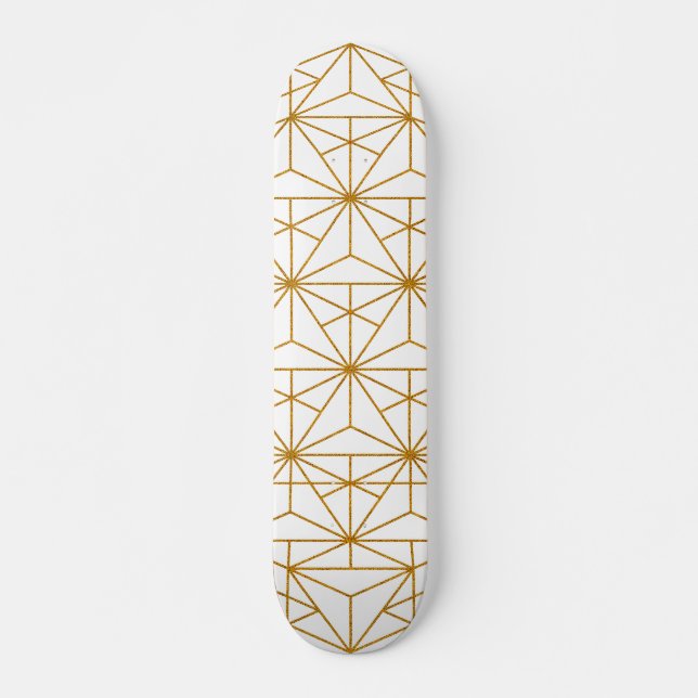 Skateboard Patrón geométrico de arte deco blanco y dorado (Anverso )