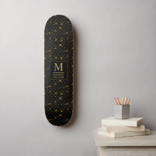 Skateboard Patrón geométrico de lujo con brillo dorado y negr