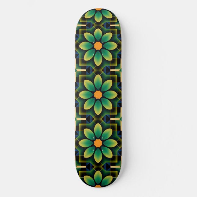 Skateboard Patrón geométrico floral amarillo y verde Mandala (Anverso)