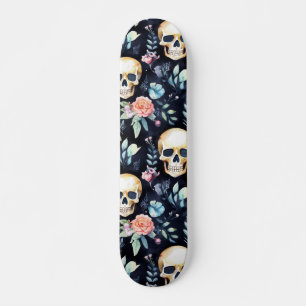 Skateboard Patrón gótico de cráneo y rosas con acuarela