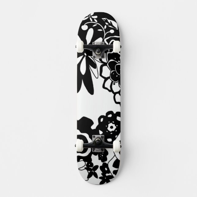 Skateboard Patrón gráfico de jardín floral blanco y negro (Anverso)