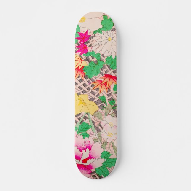Skateboard Patrón retro japonés de impresión con flores peony (Anverso )