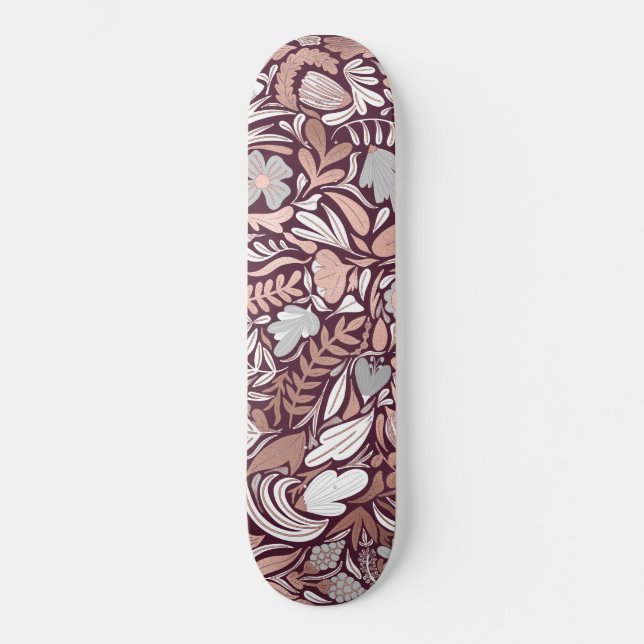 Skateboard Patrón Rosa de Ilustracion floral de Borgoña (Anverso)