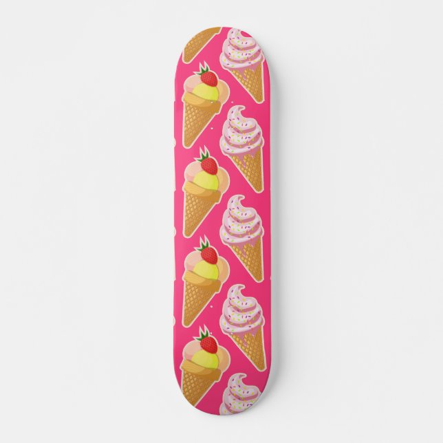 Skateboard Patrón rosa de Kawaii con helado de fresa (Anverso )