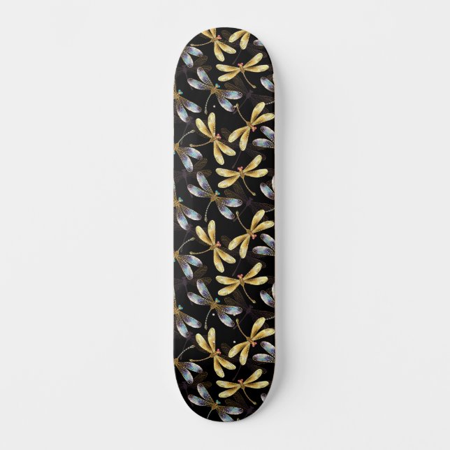 Skateboard Patrón sin foco con Dragonflies dorados (Anverso)