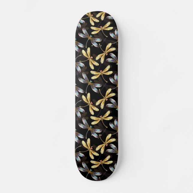 Skateboard Patrón sin foco con Dragonflies dorados (Anverso)