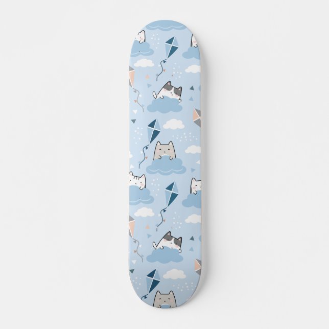 Skateboard Patrón sin foco Cute Kawaii Cats nubes cometa (Anverso )
