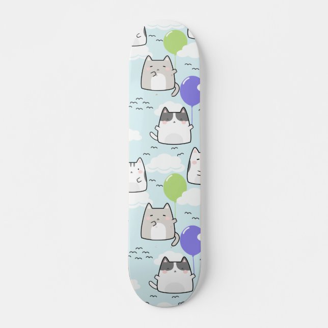 Skateboard Patrón sin foco Cute Kawaii Cats nubes globos (Anverso )