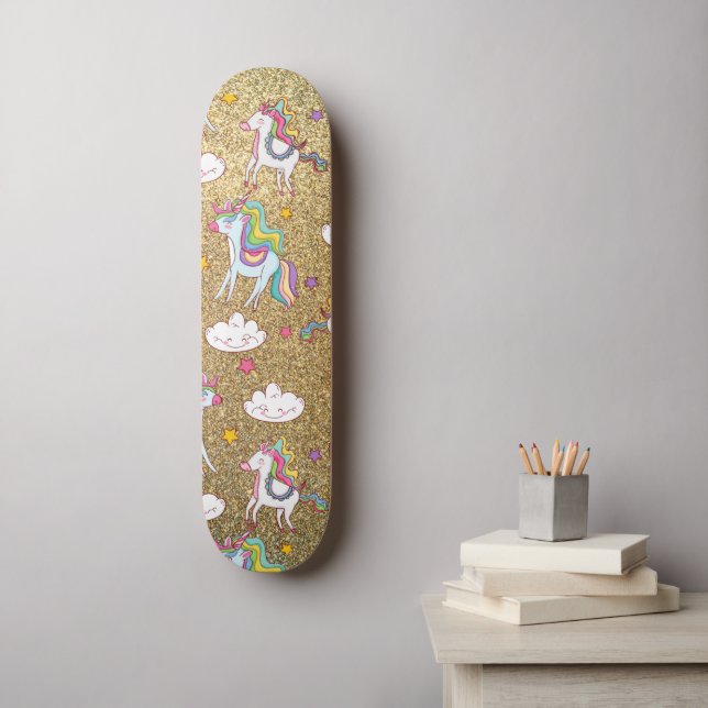 Skateboard Patrón unicornio de purpurina dorado (Arte de la pared)