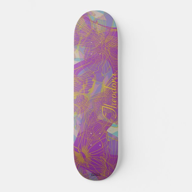 Skateboard Patrón violeta de la mariposa de oro de la moda (Anverso)